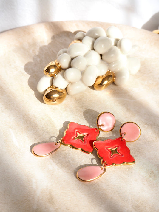 “A Feast for your Eyes” Handmade Porcelain Earrings in Cherry Red  coloured glaze with 24k gold lustre details.