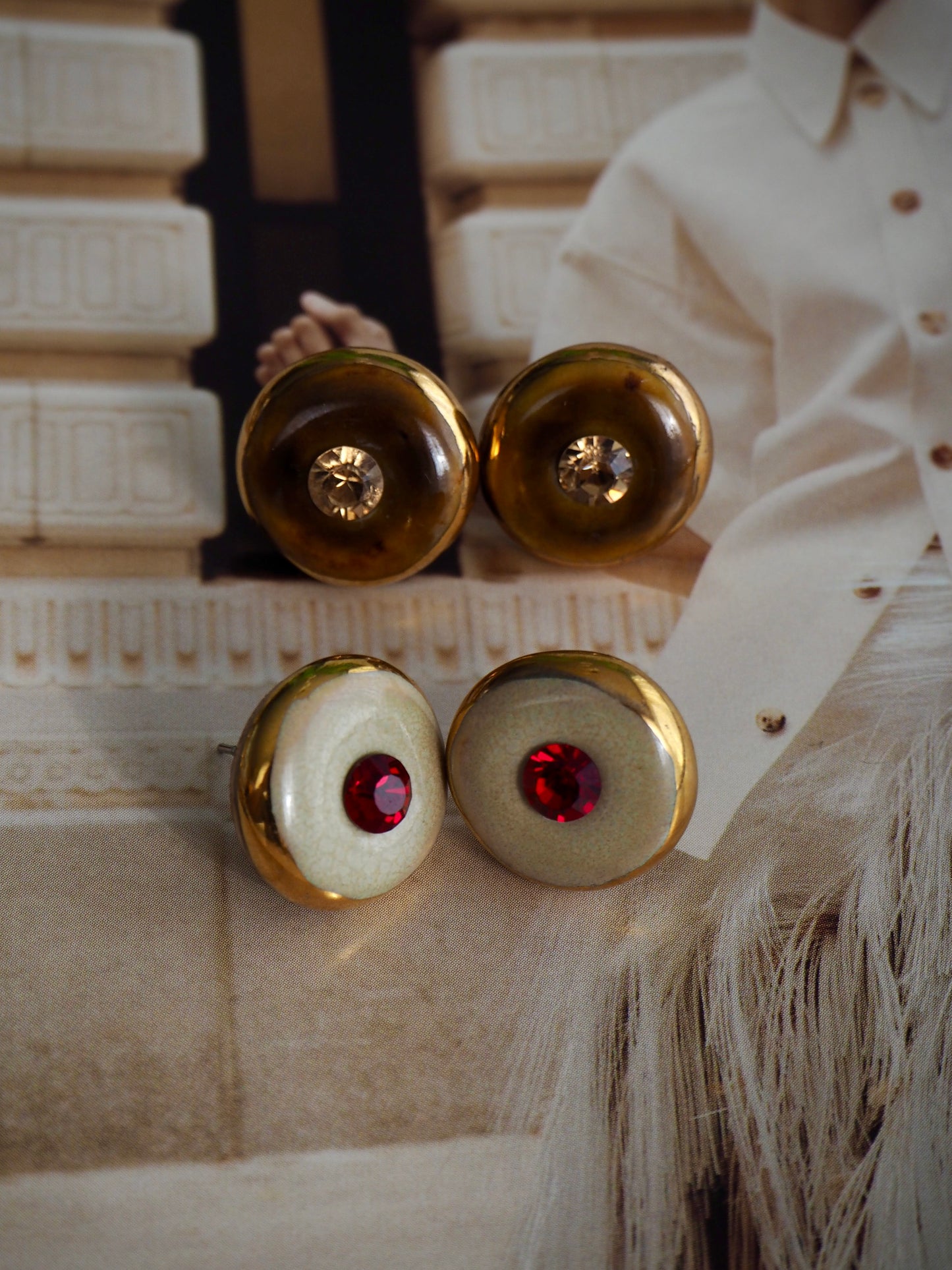 “Bigger Supernova” Sand Large Handmade Porcelain Studs with 24k Gold lustre rims and an Swarovskis Crystal