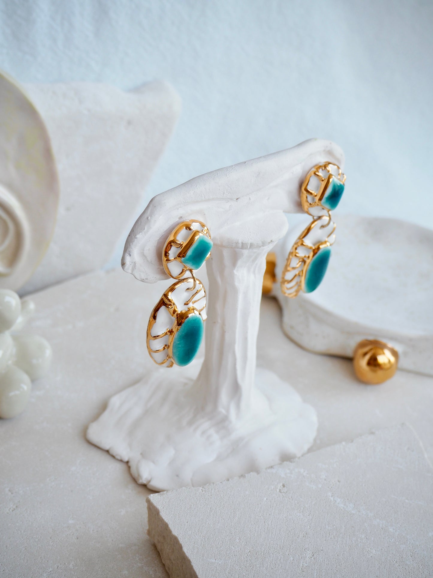 Pietra Collection handmade Porcelain Earrings coloured with Turquoise and Green glossy glaze with 24k gold lustre details