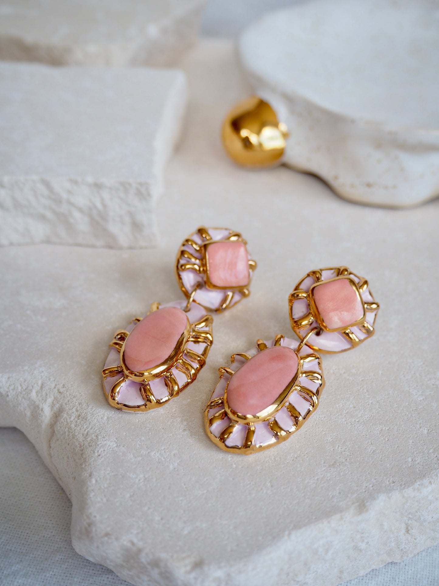 Pietra Collection handmade Porcelain Earrings coloured with Bubble Gum light Pink glossy glaze with 24k gold lustre details