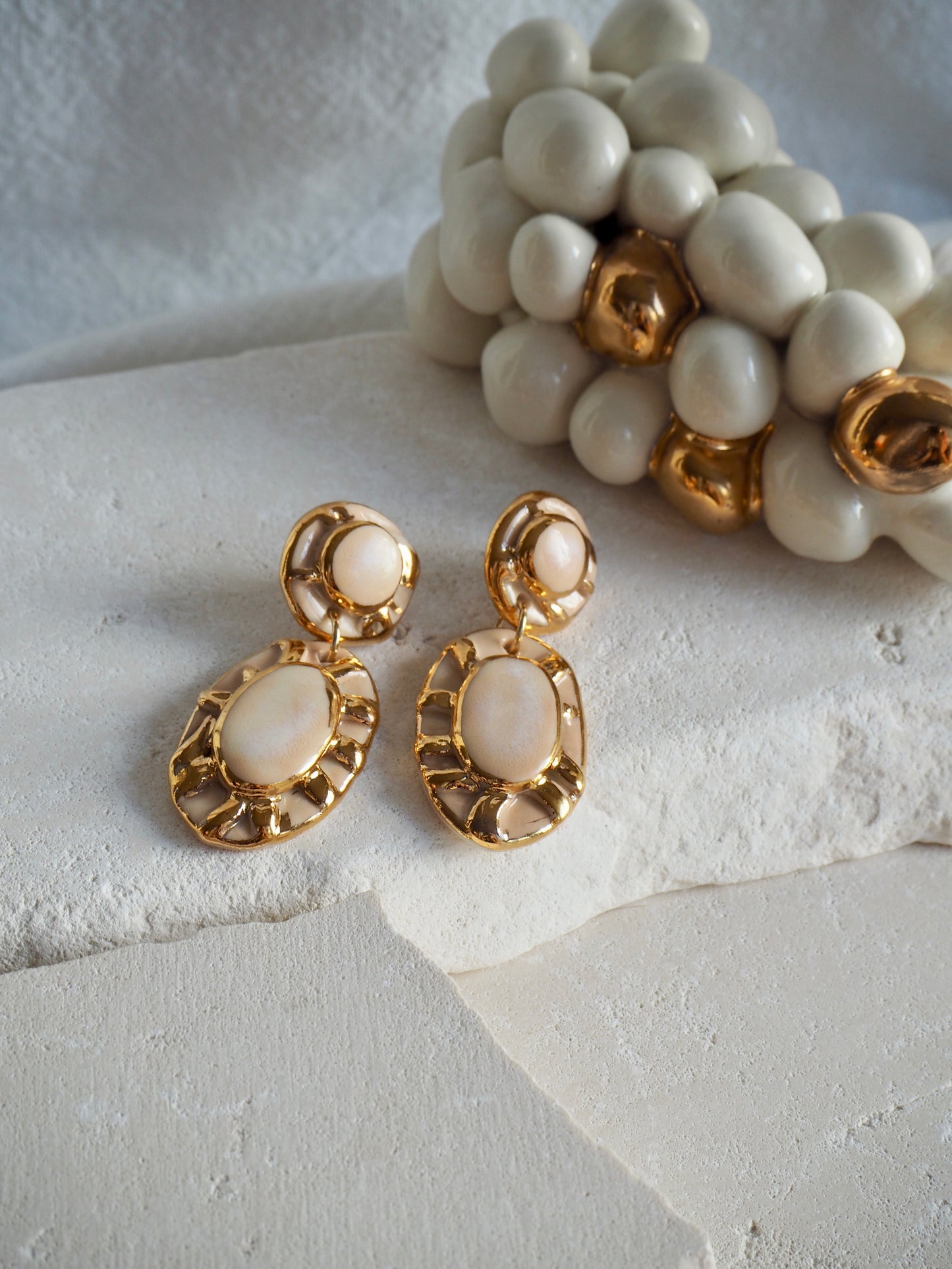 Pietra Collection handmade Porcelain Earrings coloured with Cream and Fading  White glossy glaze with 24k gold lustre details