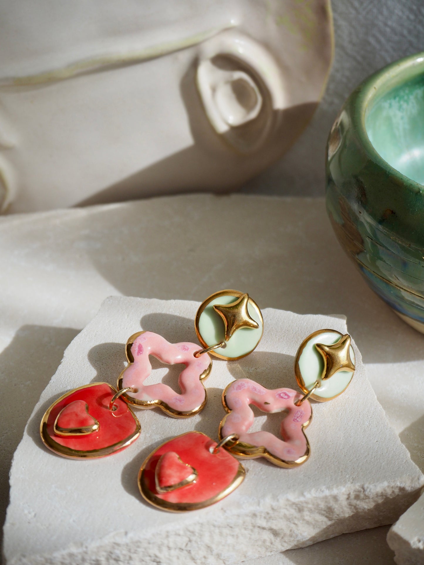 Gioia Originals “Fortunata” Handmade Porcelain Earrings in Mint, Pink & Red glossy glazes with 24k Gold lustre details