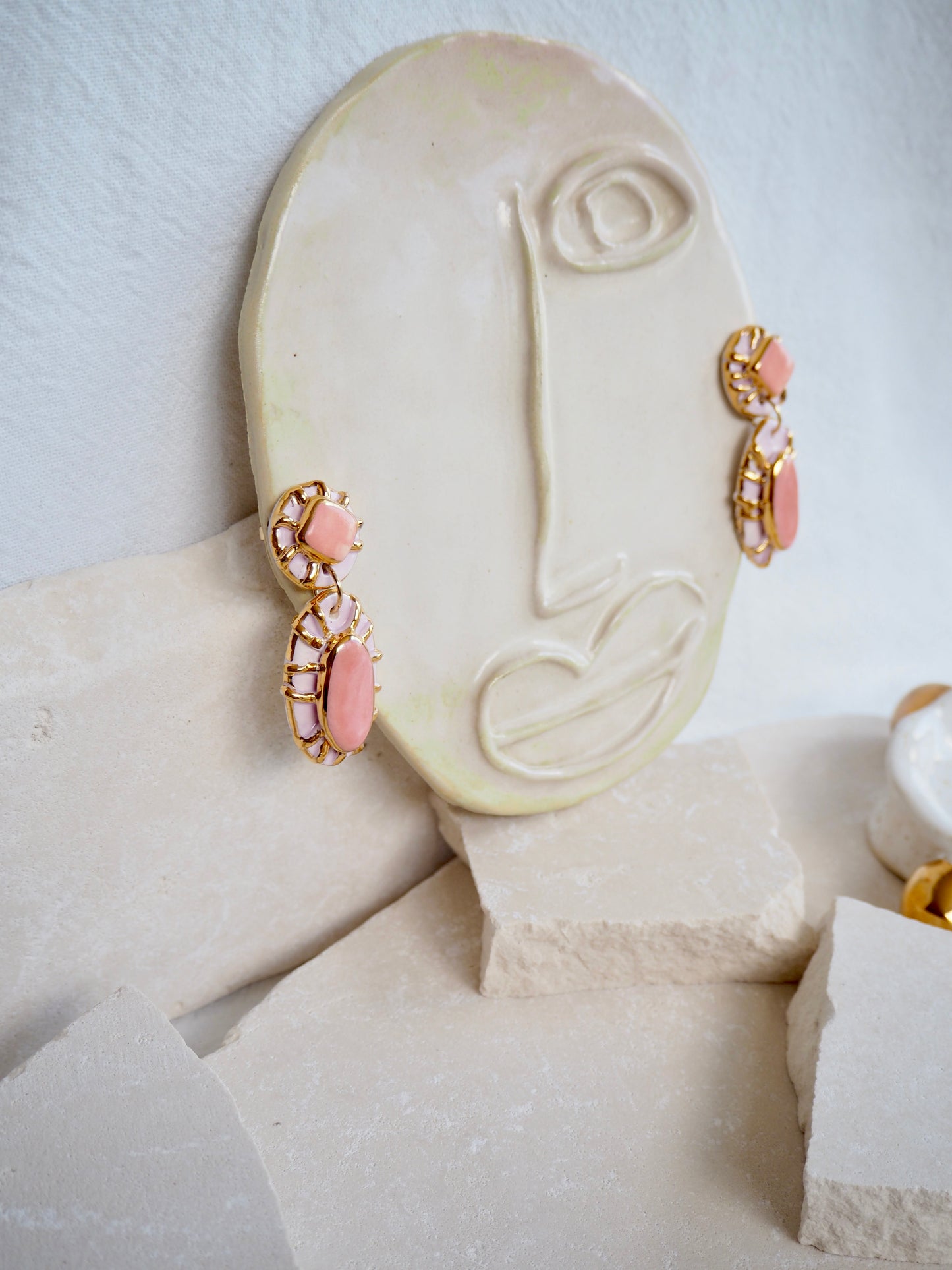 Pietra Collection handmade Porcelain Earrings coloured with Bubble Gum light Pink glossy glaze with 24k gold lustre details