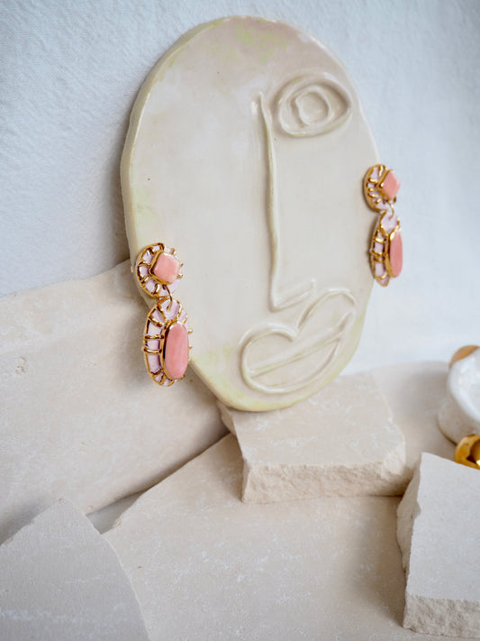 Pietra Collection handmade Porcelain Earrings coloured with Bubble Gum light Pink glossy glaze with 24k gold lustre details