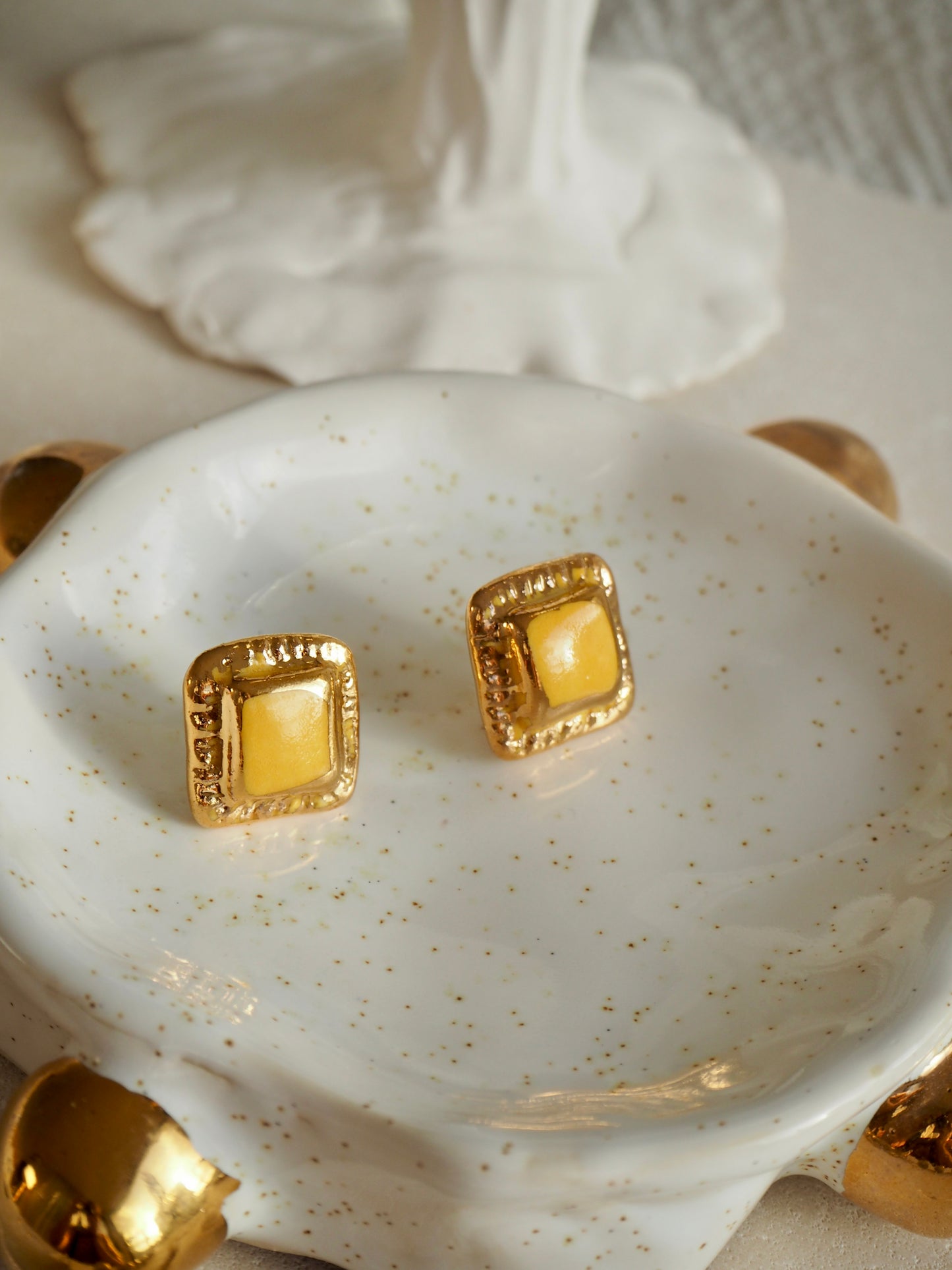 “il Quadrato” Small Handmade Porcelain Studs coloured with Dark Blue glossy glaze with 24k Gold lustre details