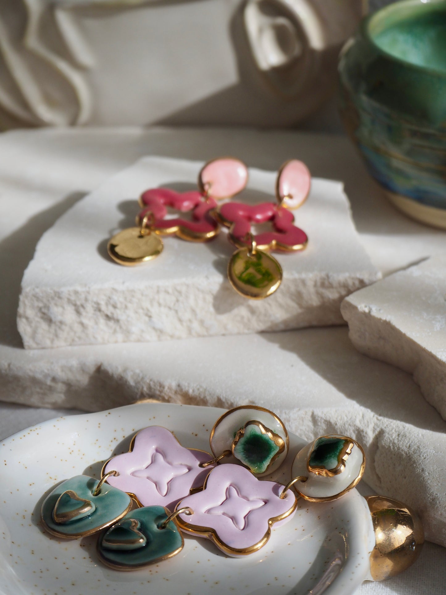 Gioia Originals “Fortunata” Handmade Porcelain Earrings in Greens, White & Lilac glossy glazes with 24k Gold lustre details