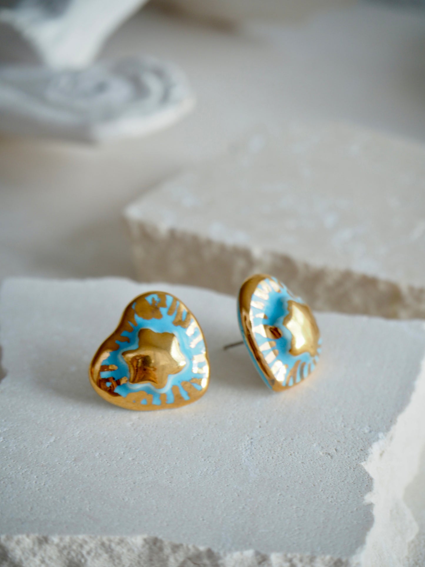 Small Handmade Porcelain Heart Stud coloured with “Sky Blue” glaze with 24k Gold lustre details and Gold center Star