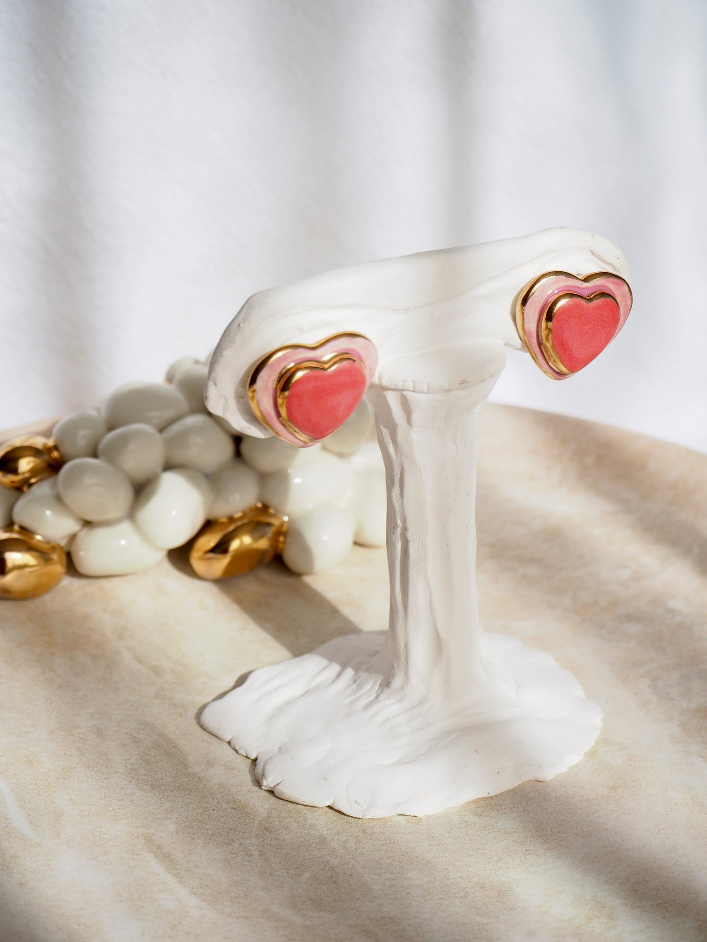 Porcelain Heart Earrings in Light Pink and Red glossy glazes & 24k Gold lustre rim