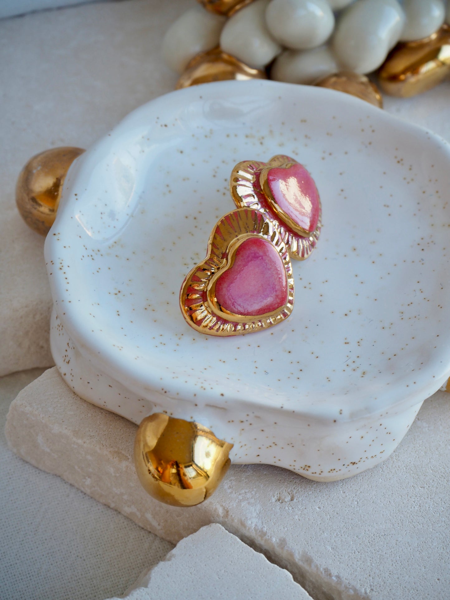 Large Handmade Porcelain Heart Stud Earrings coloured with “Speckled Pink” glossy glaze & 24k Gold lustre details