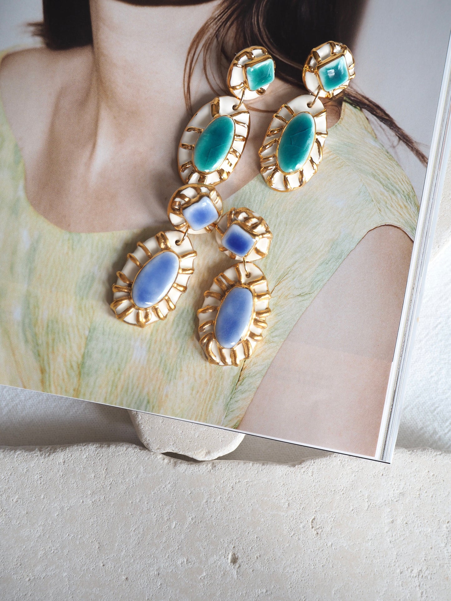 Pietra Collection handmade Porcelain Earrings coloured with Jade and White glossy glaze with 24k gold lustre details