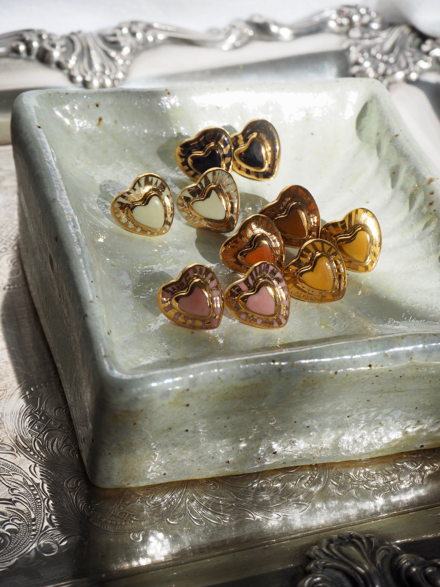 Small Handmade Porcelain Heart Stud coloured with “Mustard Yellow” glossy glaze with 24k Gold lustre rays