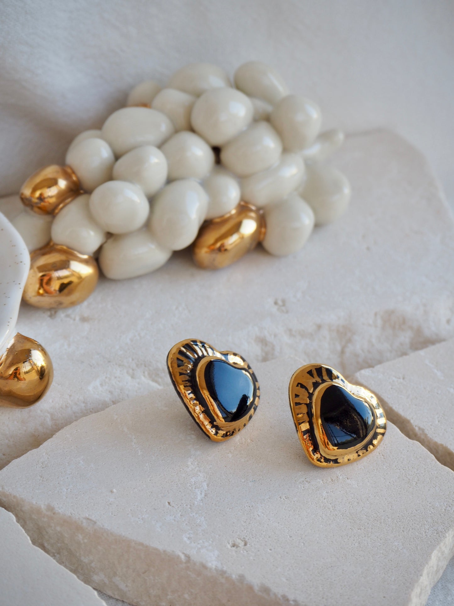 Large Handmade Porcelain Heart Stud Earrings coloured with “Black” glossy glaze & 24k Gold lustre details