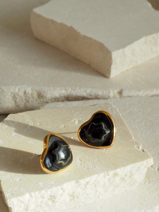 Small Handmade Porcelain Heart Stud coloured with “Black” glossy glazes with 24k Gold lustre details