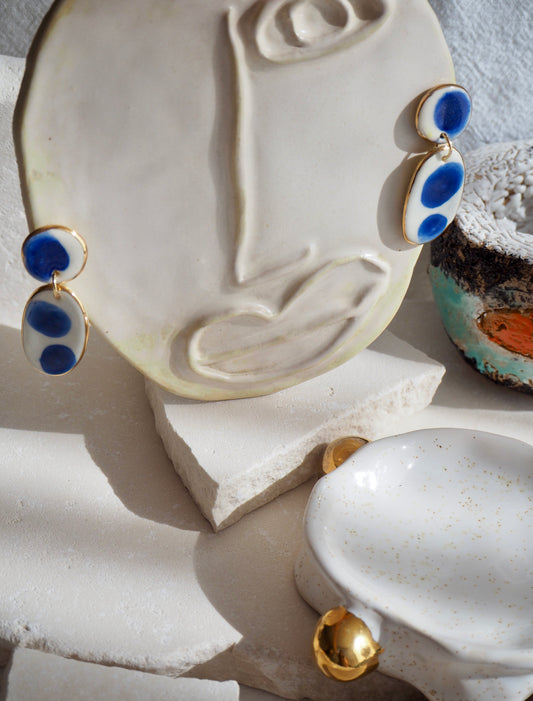 Royal Blue Dots & White  Porcelain Earrings coloured using ceramic stain under clear glaze for glossy look