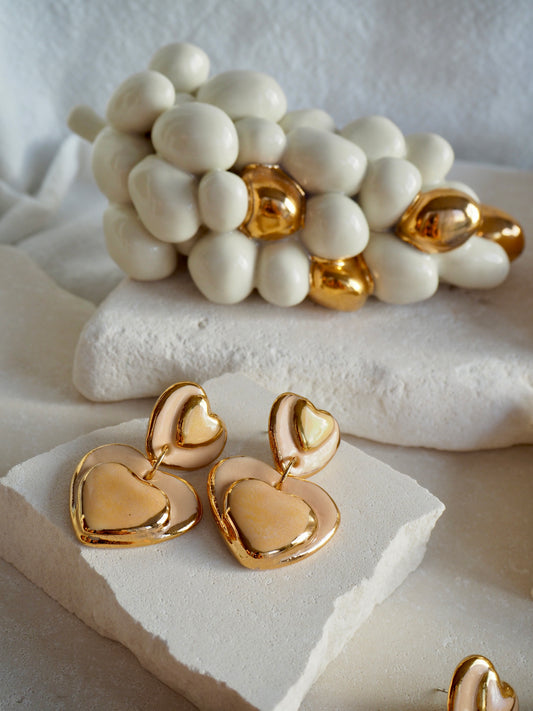 Handmade Porcelain Heart Earrings faded Yellow Hearts on Parchment underglaze glaze with 24k Gold lustre rims