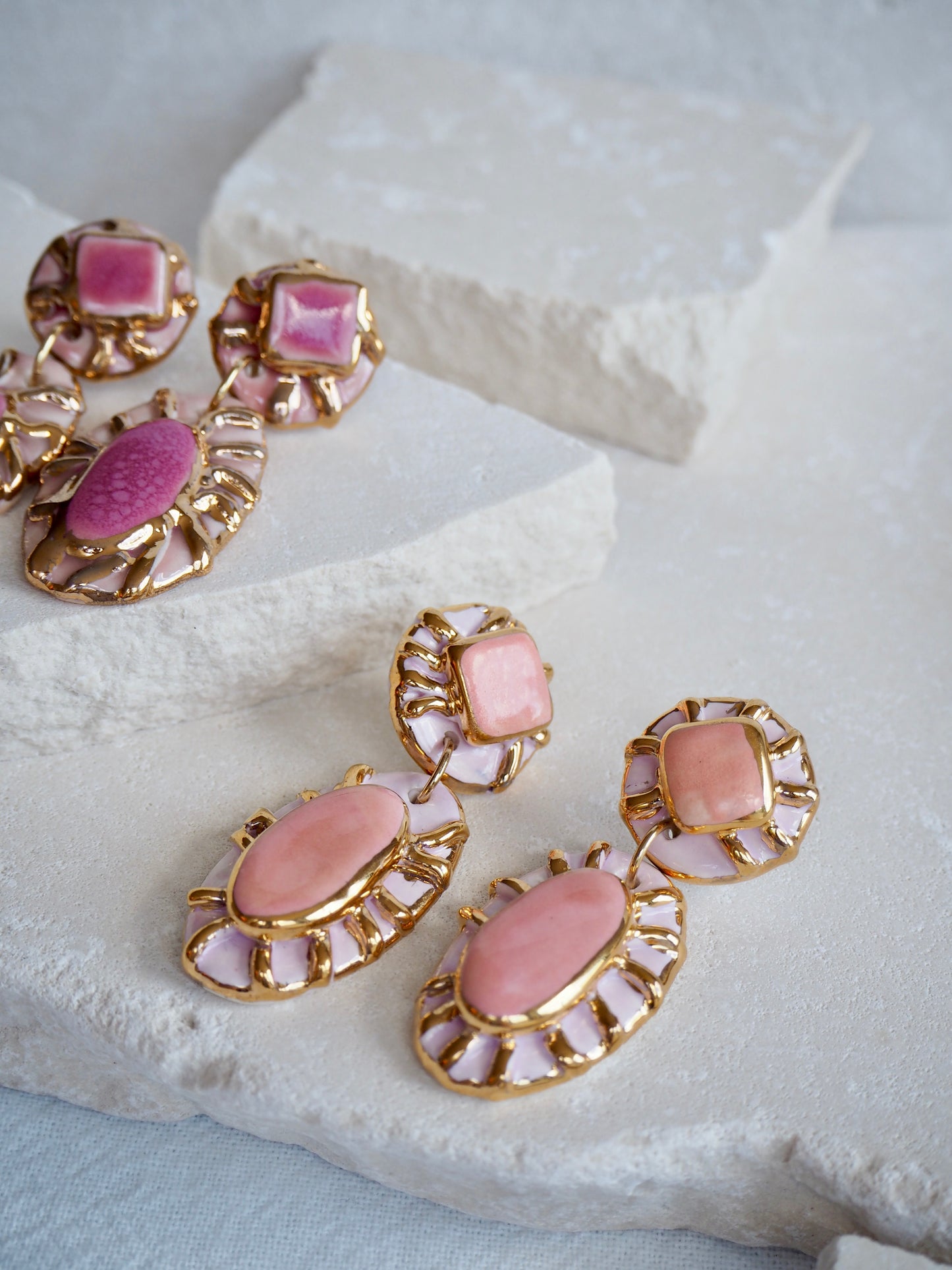 Pietra Collection handmade Porcelain Earrings coloured with Bubble Gum light Pink glossy glaze with 24k gold lustre details