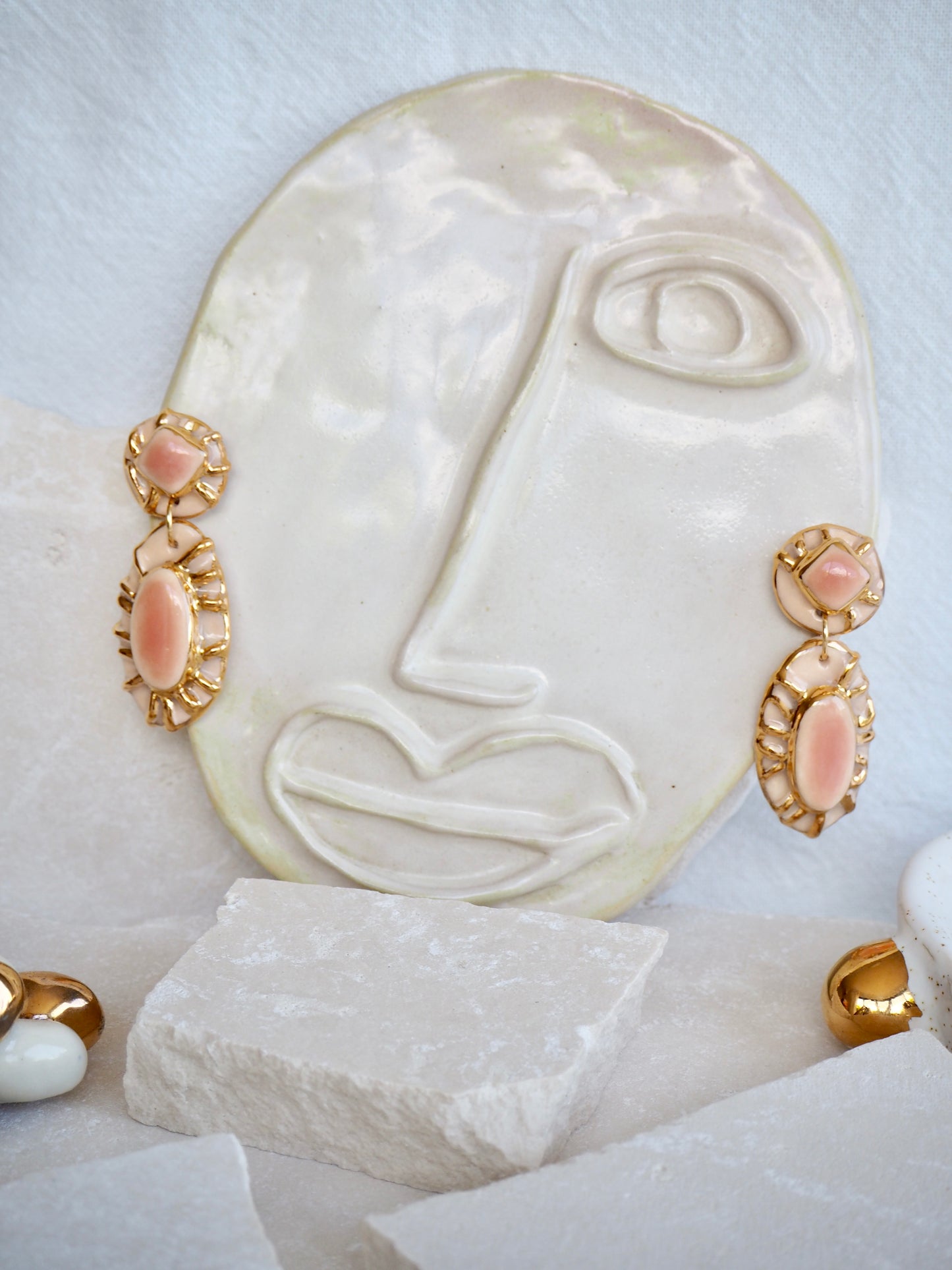 Pietra Collection handmade Porcelain Earrings coloured with Pale Peach glossy glaze with 24k gold lustre details