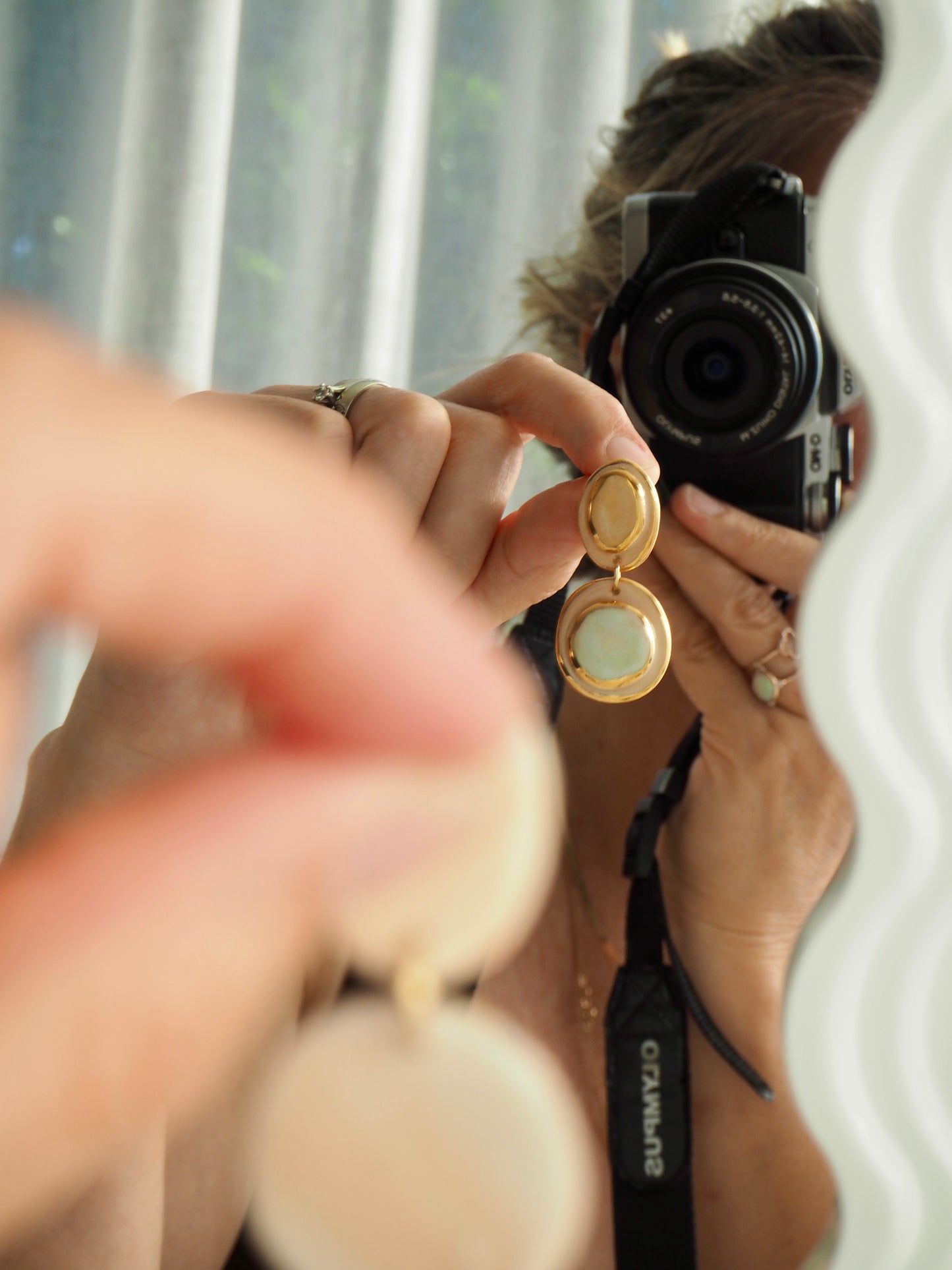 Femminilità Porcelain Earrings in Pale Lime and Mint Green coloured glossy glaze on Parchment underglaze with 24k Gold lustre textured rims