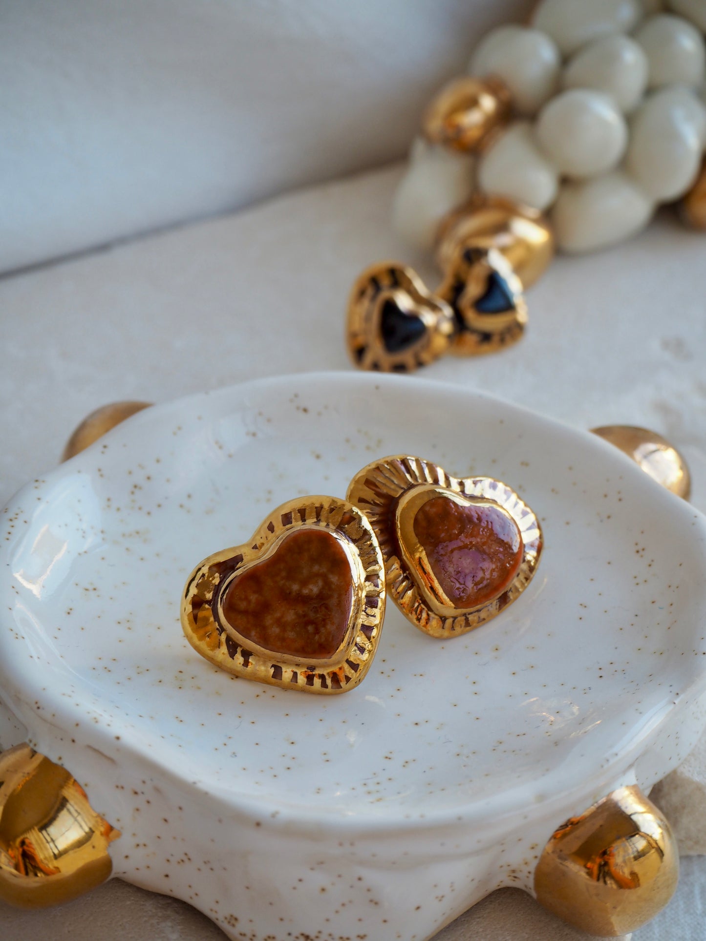 Large Handmade Porcelain Heart Stud Earrings coloured with “Leader Brown” & 24k Gold lustre details