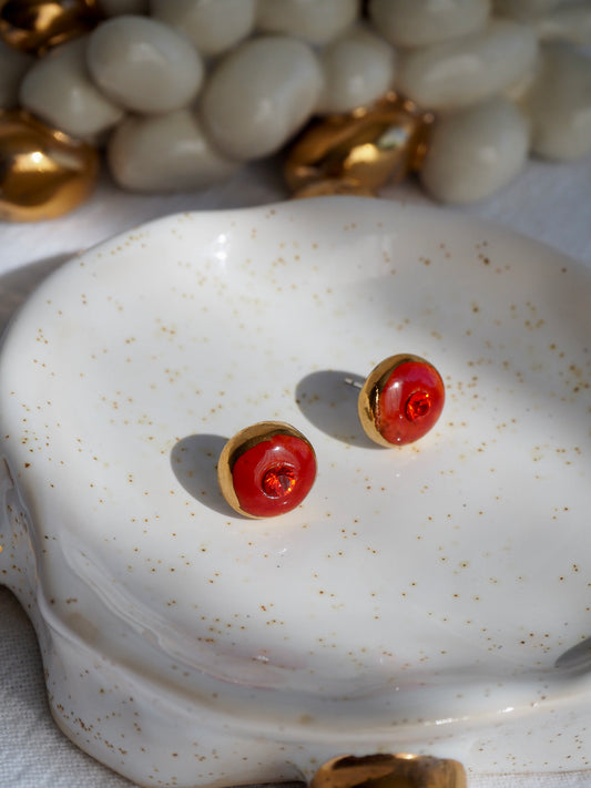 “Supernova” Red Wood Small Handmade Porcelain Studs with 24k Gold lustre rims and Swarovskis Crystal