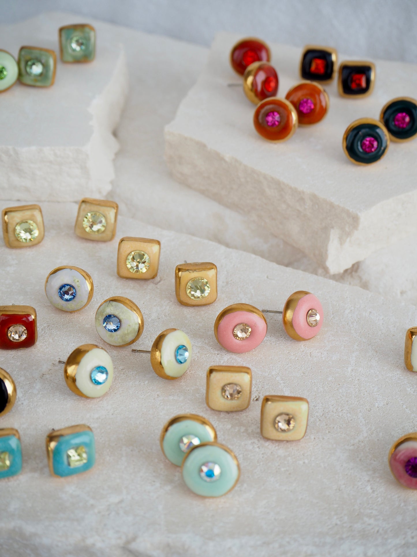 “Supernova” Aqua Green Small Square Handmade Porcelain Studs with 24k Gold lustre rims and Swarovskis Crystal
