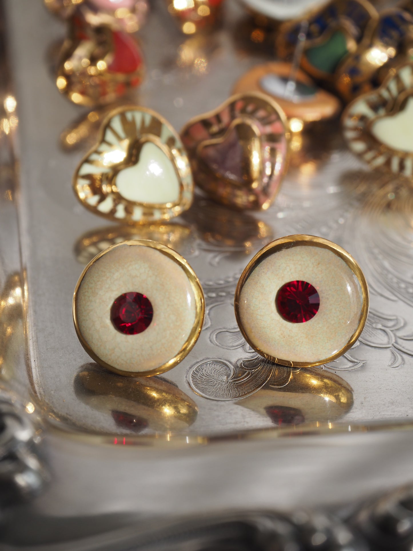 “Bigger Supernova” Sand Large Handmade Porcelain Studs with 24k Gold lustre rims and an Swarovskis Crystal