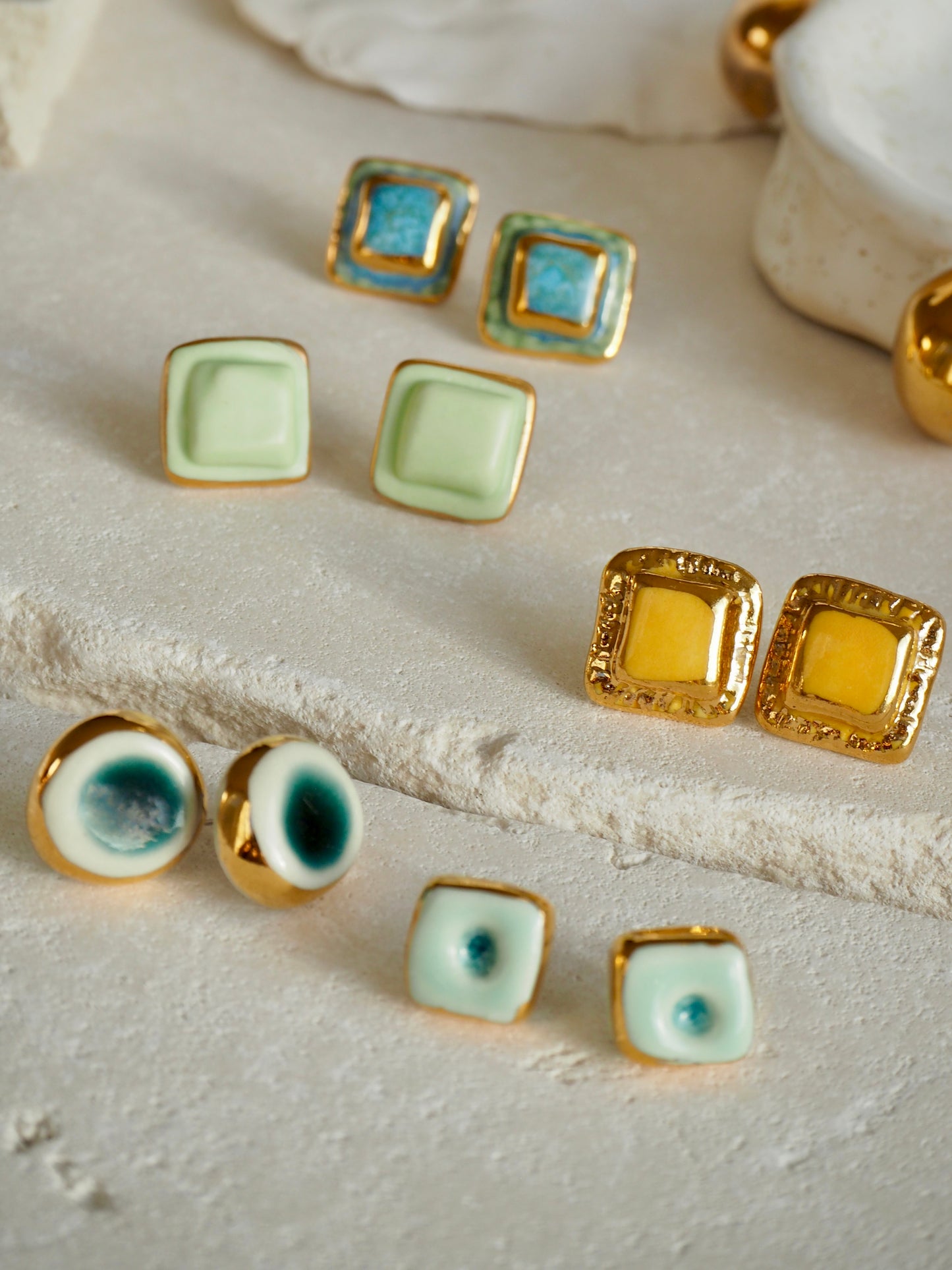“il Quadrato” Small Handmade Porcelain Studs coloured with Dark Blue glossy glaze with 24k Gold lustre details