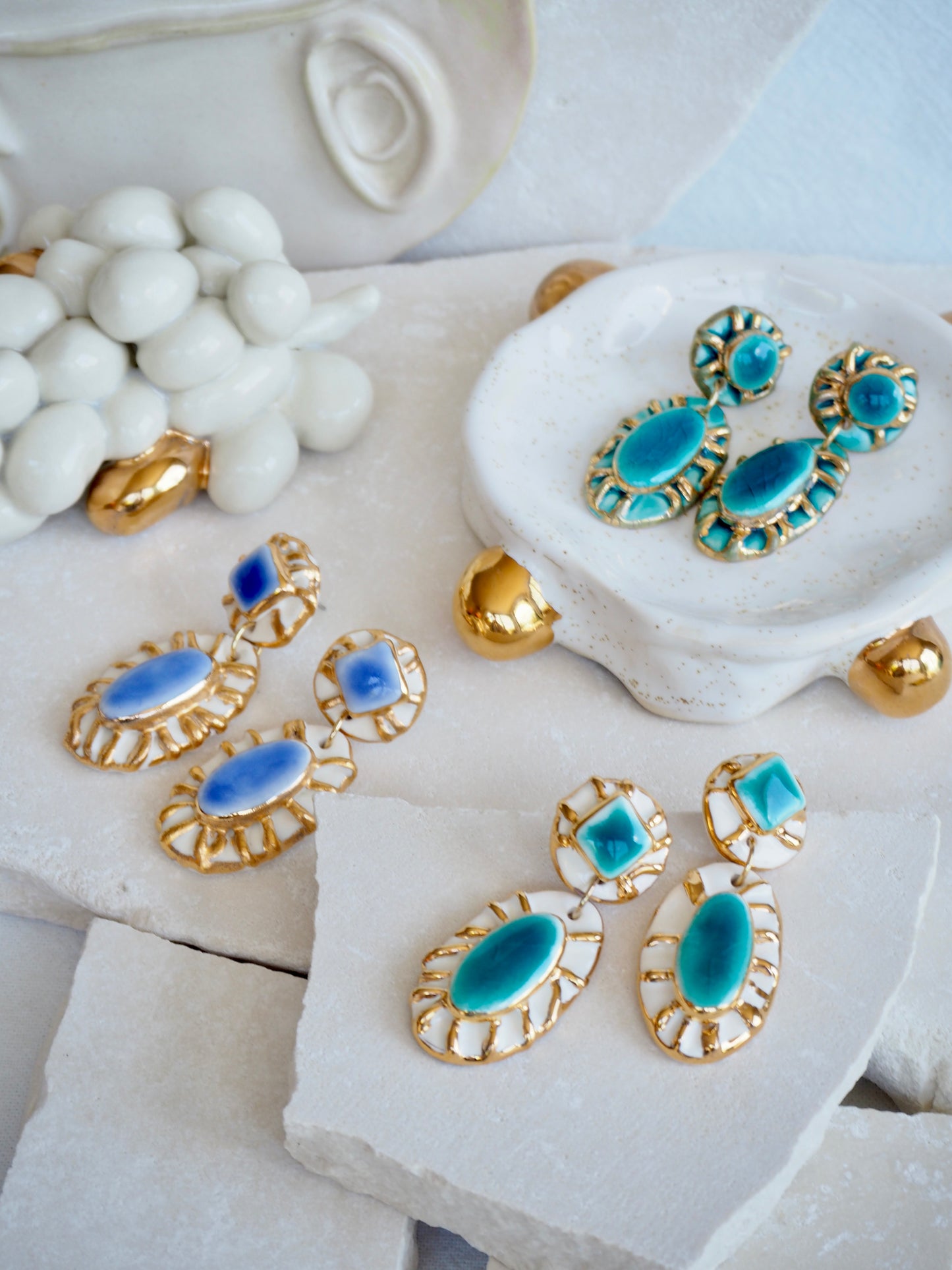 Pietra Collection handmade Porcelain Earrings coloured with Jade glossy glaze with 24k gold lustre details