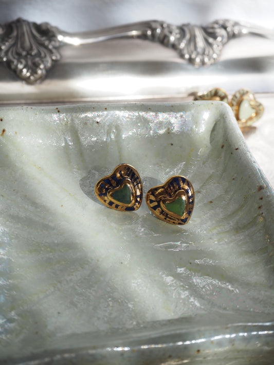 Small Handmade Porcelain Heart Stud coloured with “Dark Green and Blue” underglazes covered by glossy clear glaze with 24k Gold lustre rays