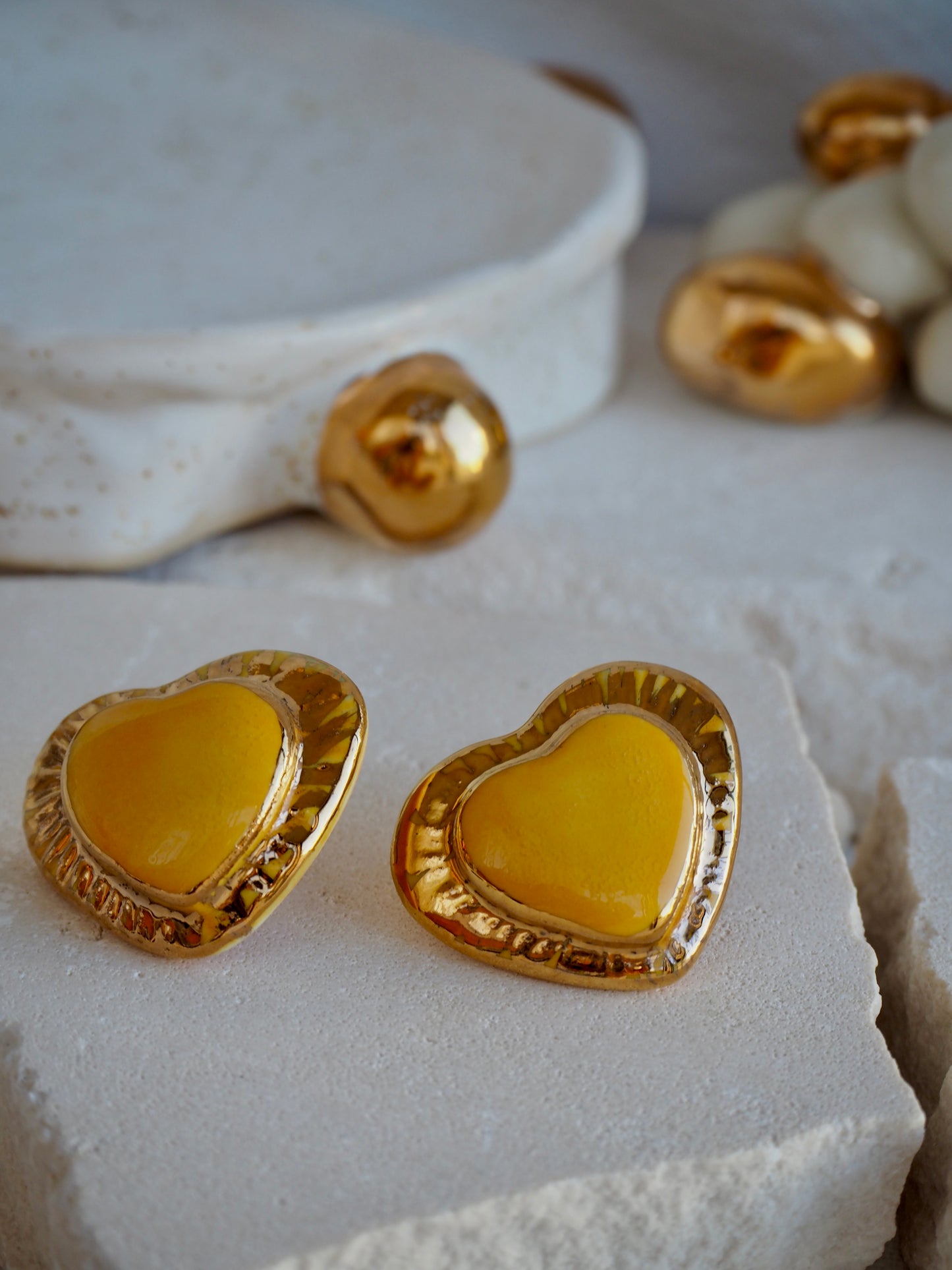Large Handmade Porcelain Heart Stud Earrings coloured with “Bright Yellow” glossy glaze & 24k Gold lustre details