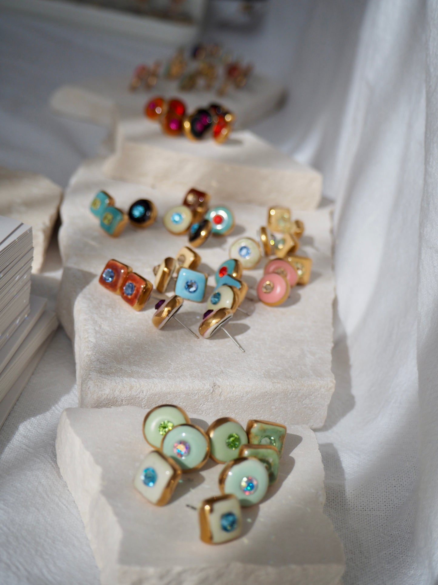 “Supernova” Pink Small Handmade Porcelain Studs with 24k Gold lustre rims and Swarovskis Cristals
