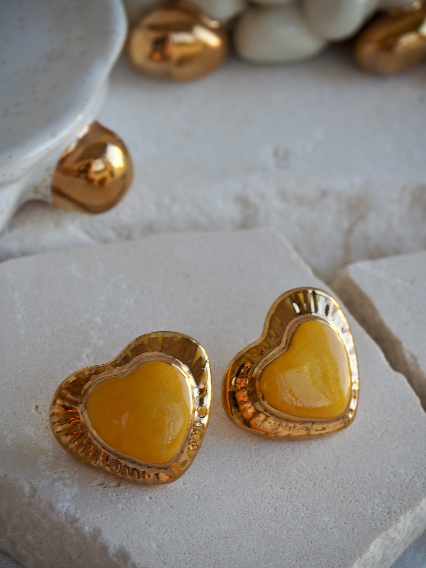 Large Handmade Porcelain Heart Stud Earrings coloured with “Bright Yellow” glossy glaze & 24k Gold lustre details