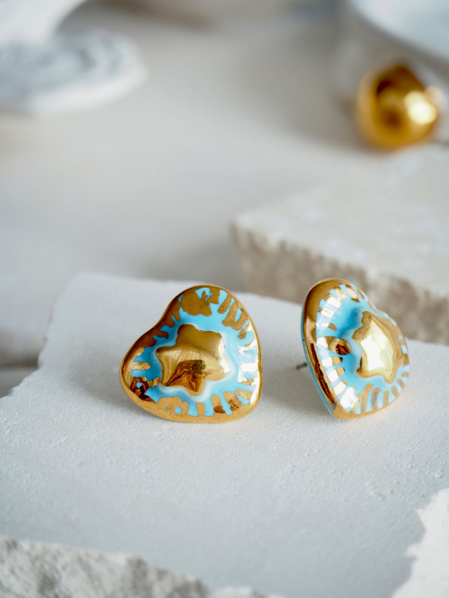 Small Handmade Porcelain Heart Stud coloured with “Sky Blue” glaze with 24k Gold lustre details and Gold center Star