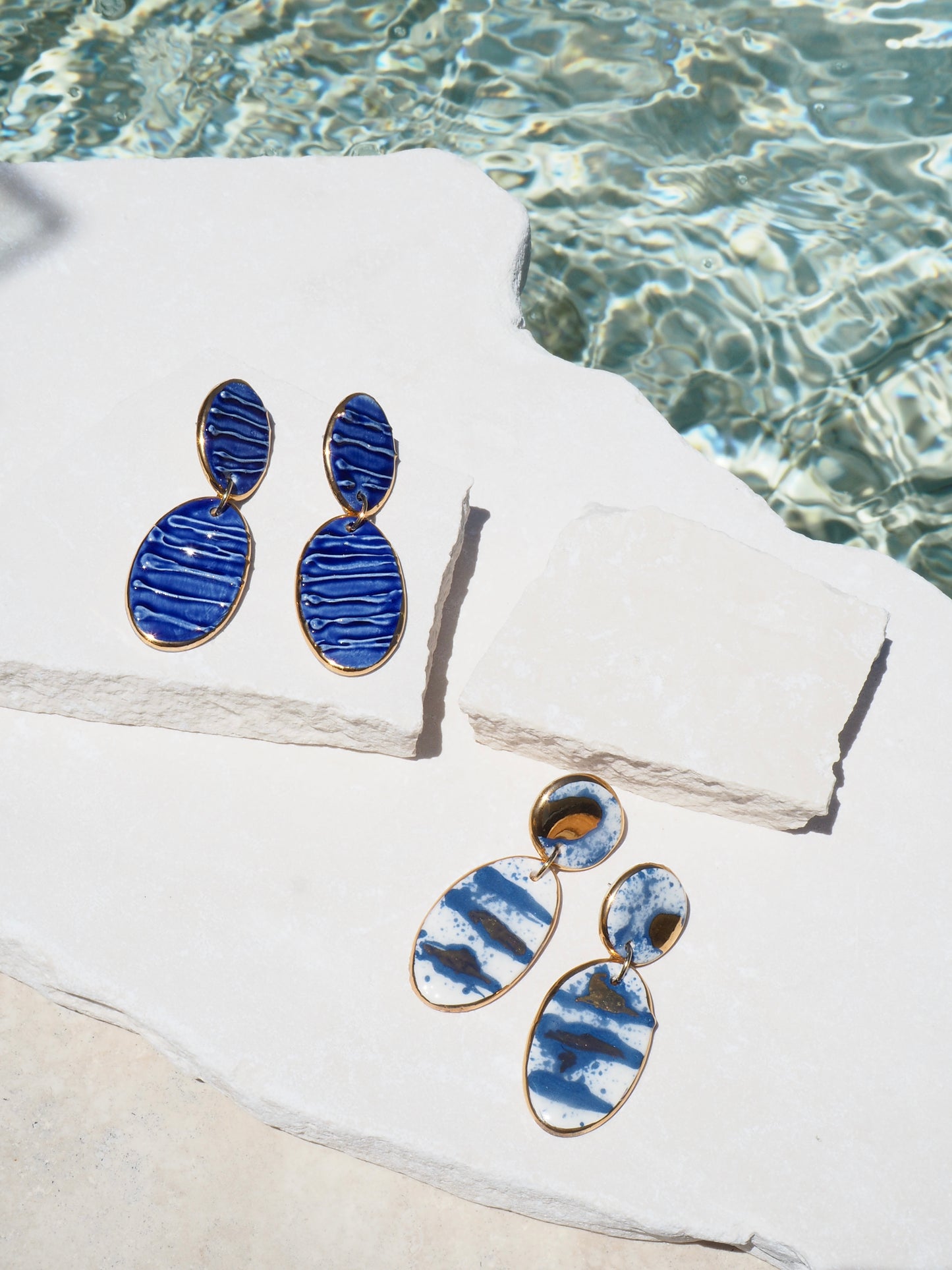 Royal Blue & White Splatter Porcelain Earrings coloured using ceramic stain under clear glaze for glossy look