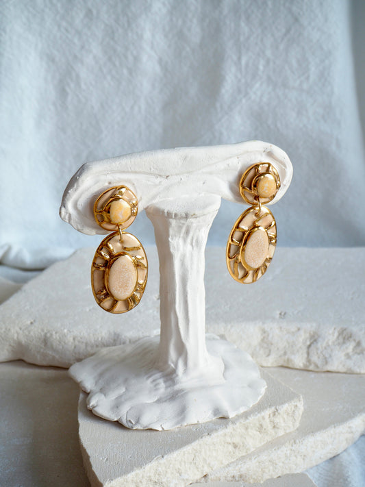 Pietra Collection handmade Porcelain Earrings coloured with Shades of Cream glossy glaze with 24k gold lustre details