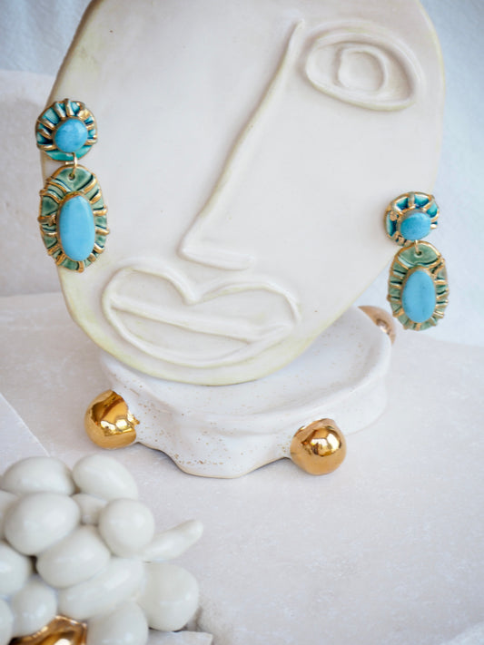 Pietra Collection handmade Porcelain Earrings coloured with Turquoise and Green glossy glaze with 24k gold lustre details