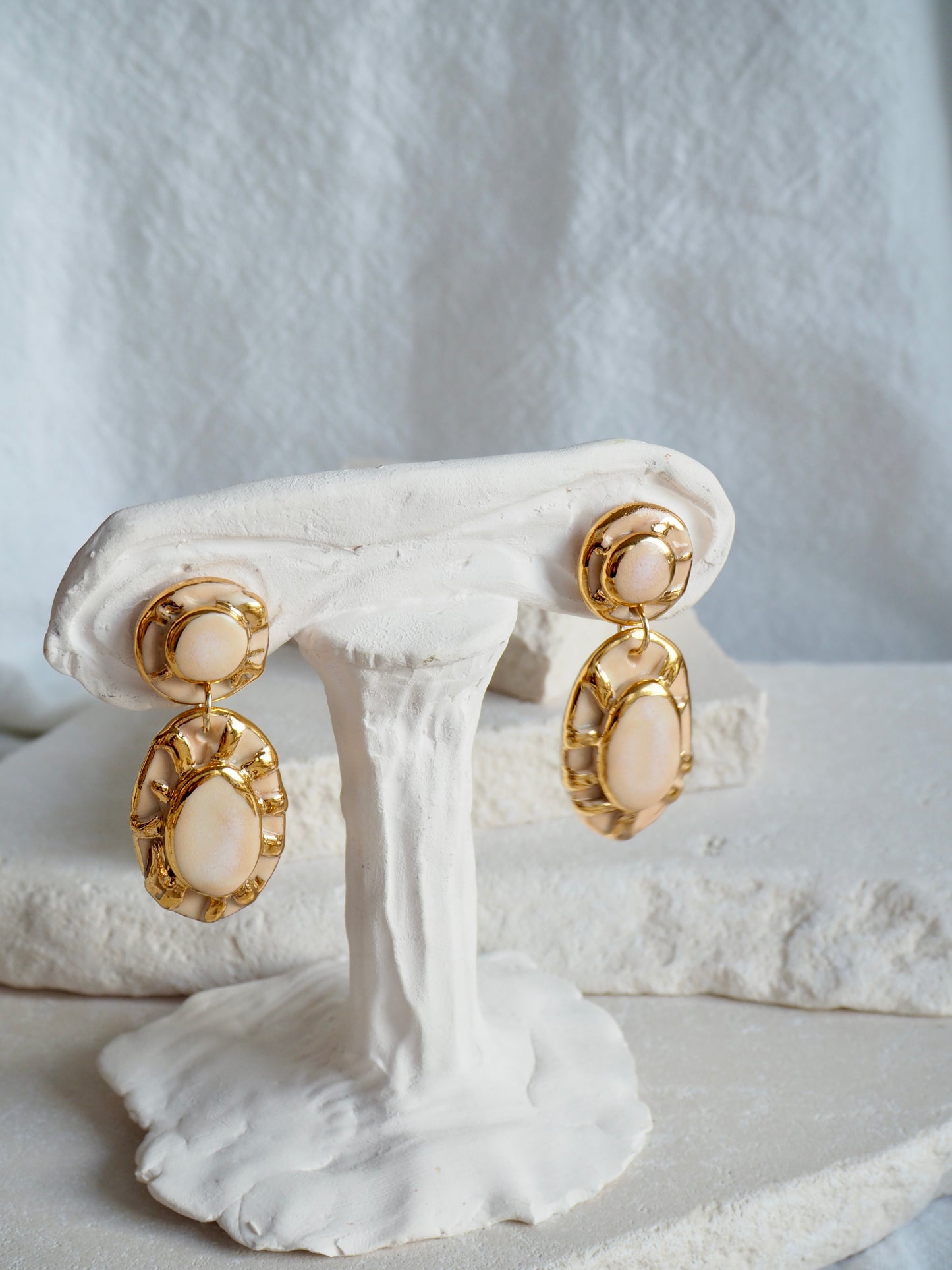 Pietra Collection handmade Porcelain Earrings coloured with Cream and Fading  White glossy glaze with 24k gold lustre details