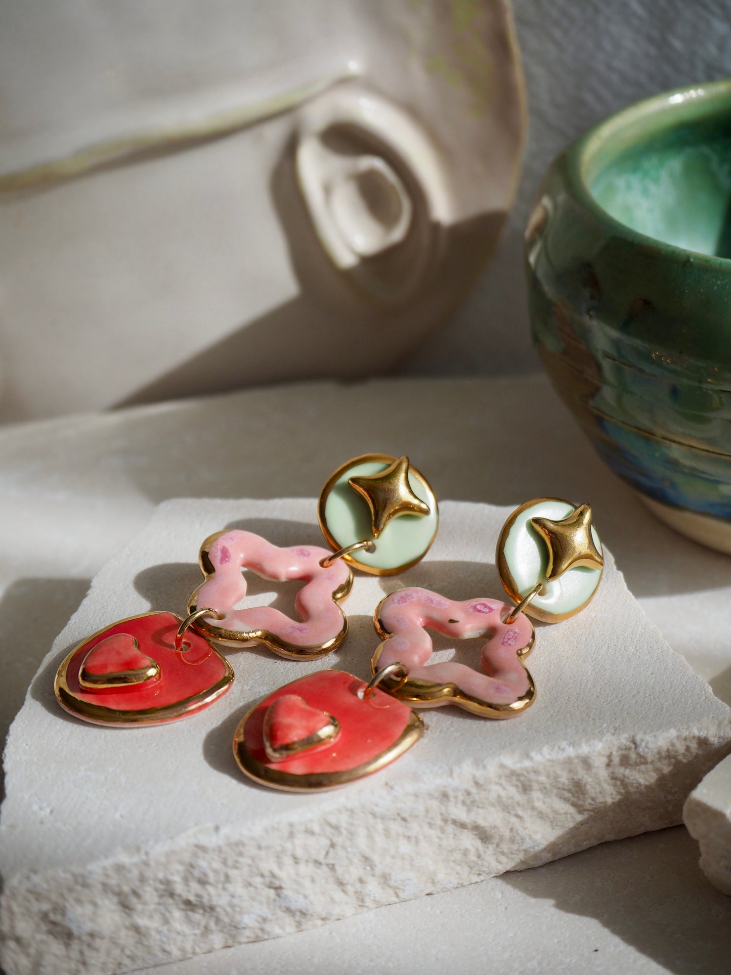 Gioia Originals “Fortunata” Handmade Porcelain Earrings in Mint, Pink & Red glossy glazes with 24k Gold lustre details