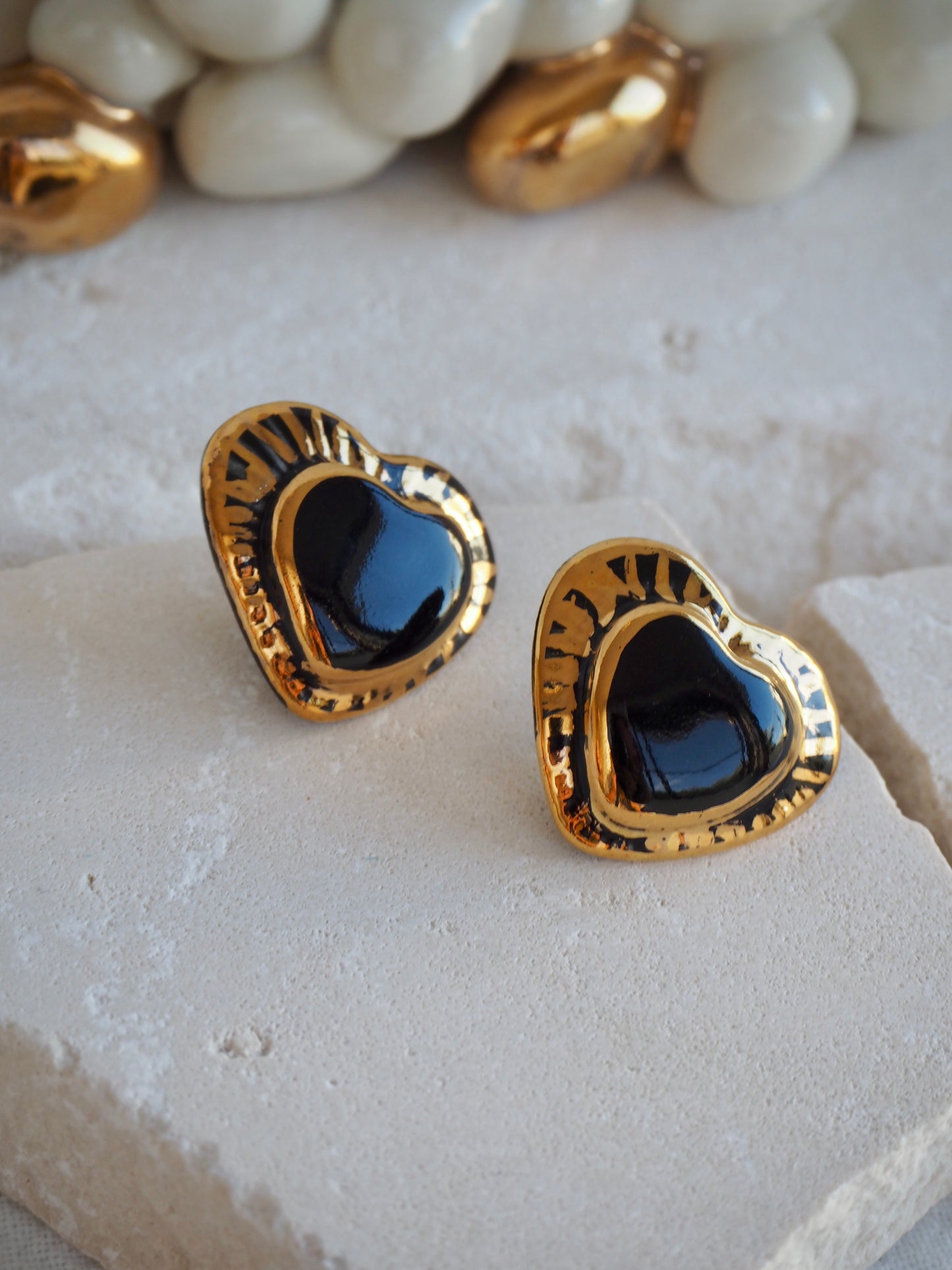 Large Handmade Porcelain Heart Stud Earrings coloured with “Black” glossy glaze & 24k Gold lustre details