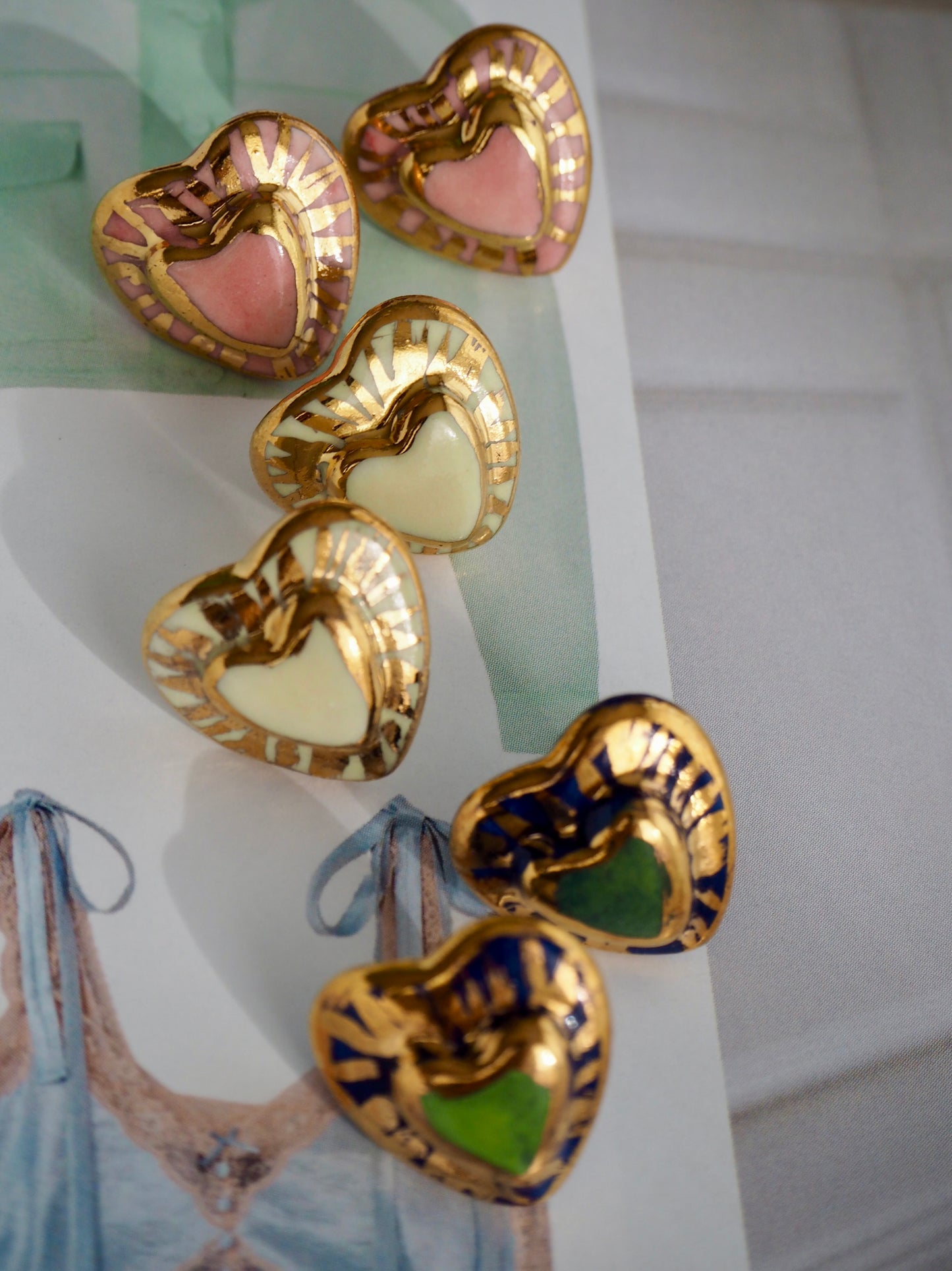 Small Handmade Porcelain Heart Stud coloured with “Light Pink” glossy glaze with 24k Gold lustre rays (Second Pair in Pink)