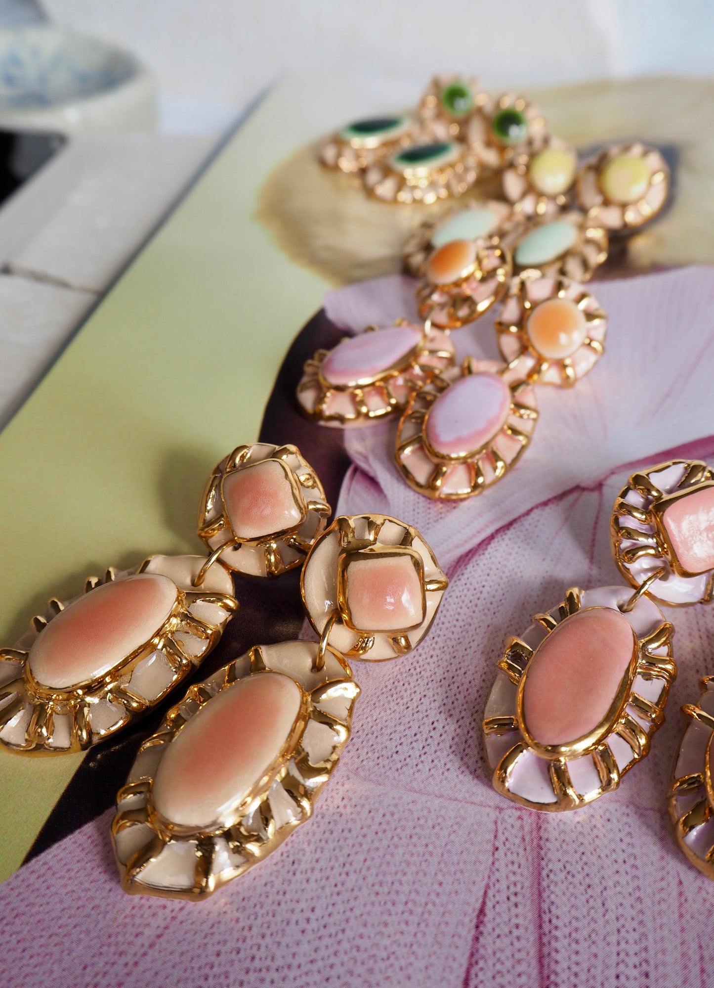 Pietra Collection handmade Porcelain Earrings coloured with Pale Peach glossy glaze with 24k gold lustre details