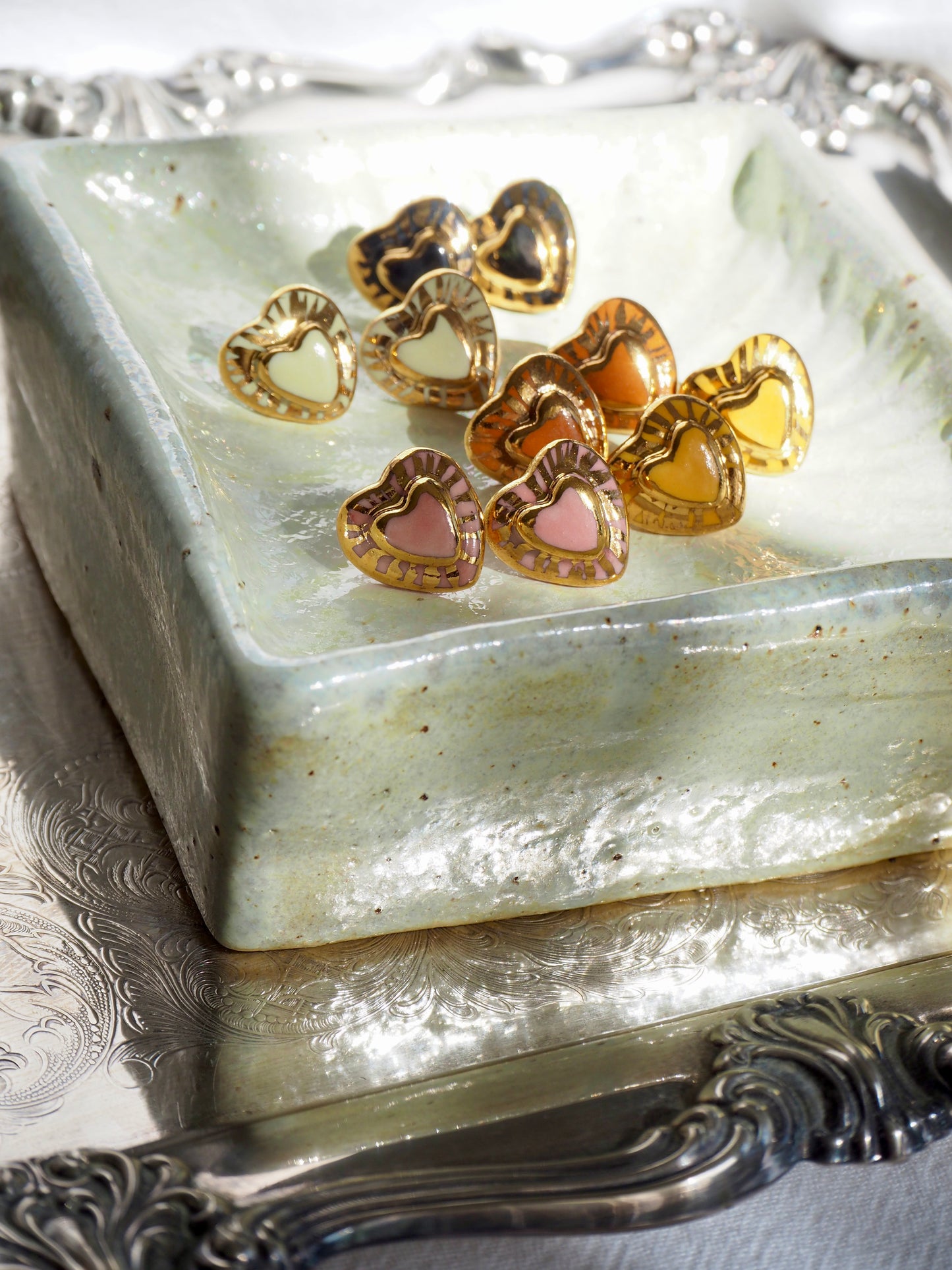 Small Handmade Porcelain Heart Stud coloured with “Light Pink” glossy glaze with 24k Gold lustre rays (Second Pair in Pink)
