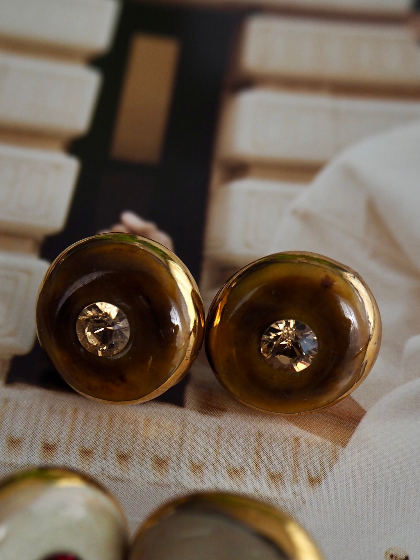 “Bigger Supernova”  Light Brown Large Handmade Porcelain Studs with 24k Gold lustre rims and an Swarovskis Crystal