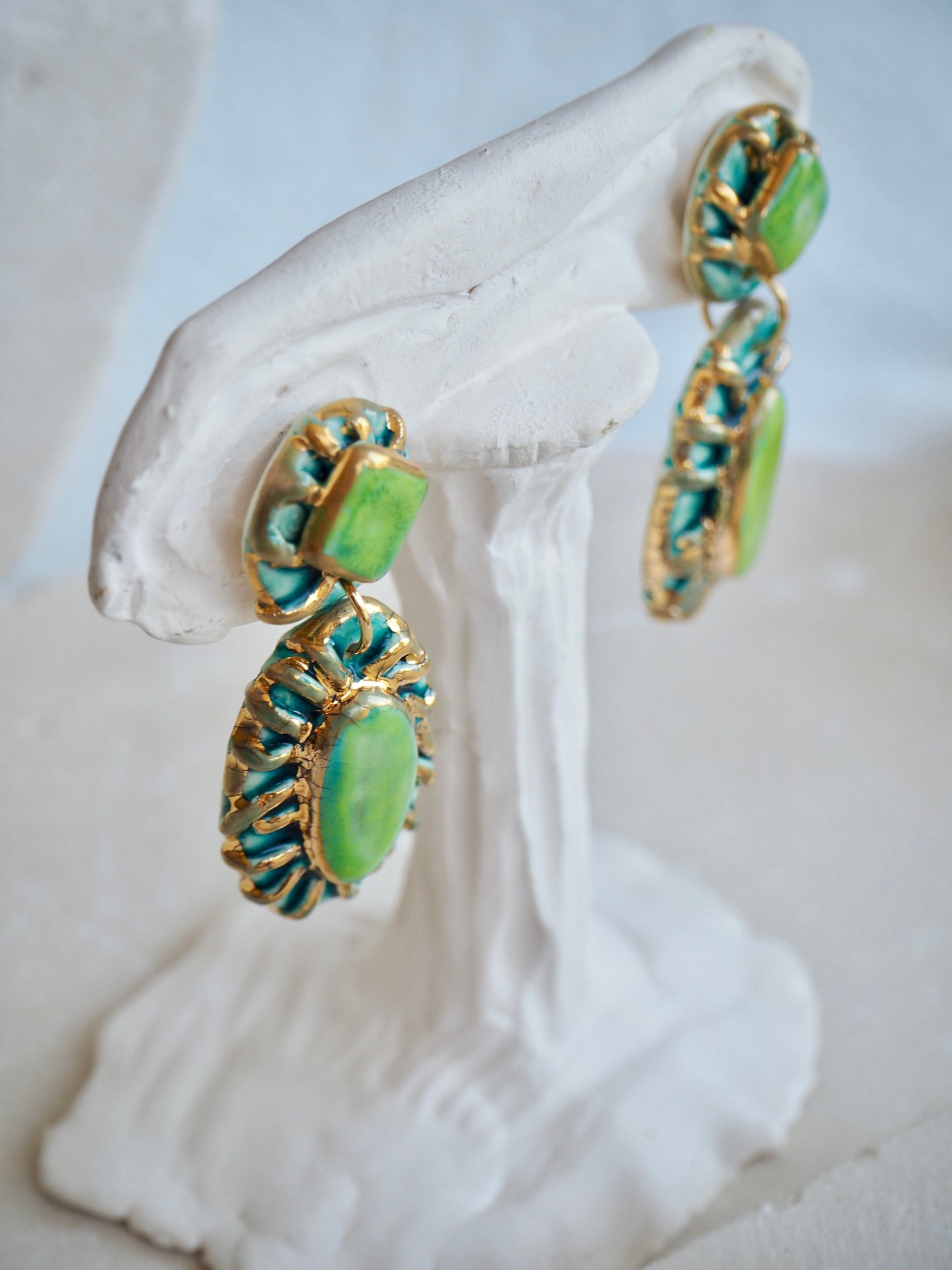 Pietra Collection handmade Porcelain Earrings coloured with Lime Green and Blue glossy glaze with 24k gold lustre details