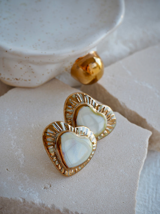 Large Handmade Porcelain Heart Stud Earrings coloured with “Pearly Off-White” glossy glaze & 24k Gold lustre details