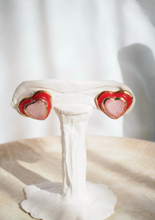 Porcelain Heart Earrings in Red and Light Pink glossy glazes & 24k Gold lustre rim