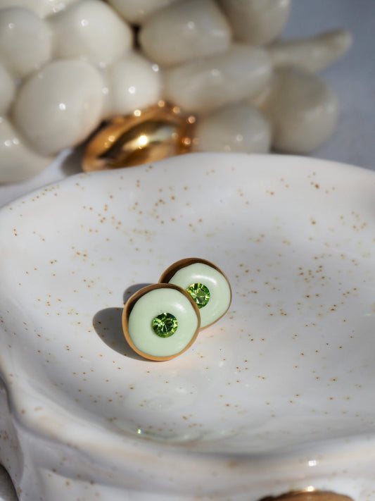 “Supernova” light Sage Green Small Handmade Porcelain Studs with 24k Gold lustre rims and Swarovskis Crystal