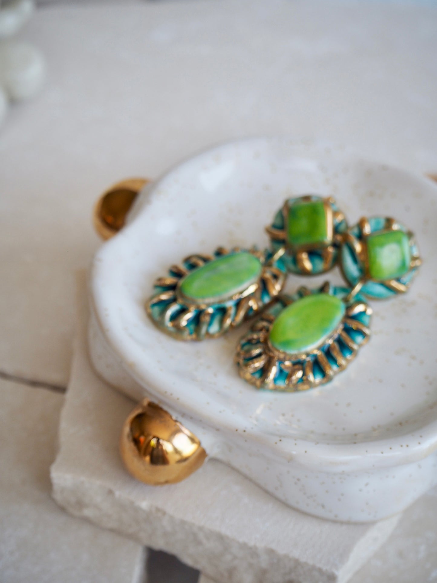 Pietra Collection handmade Porcelain Earrings coloured with Lime Green and Blue glossy glaze with 24k gold lustre details