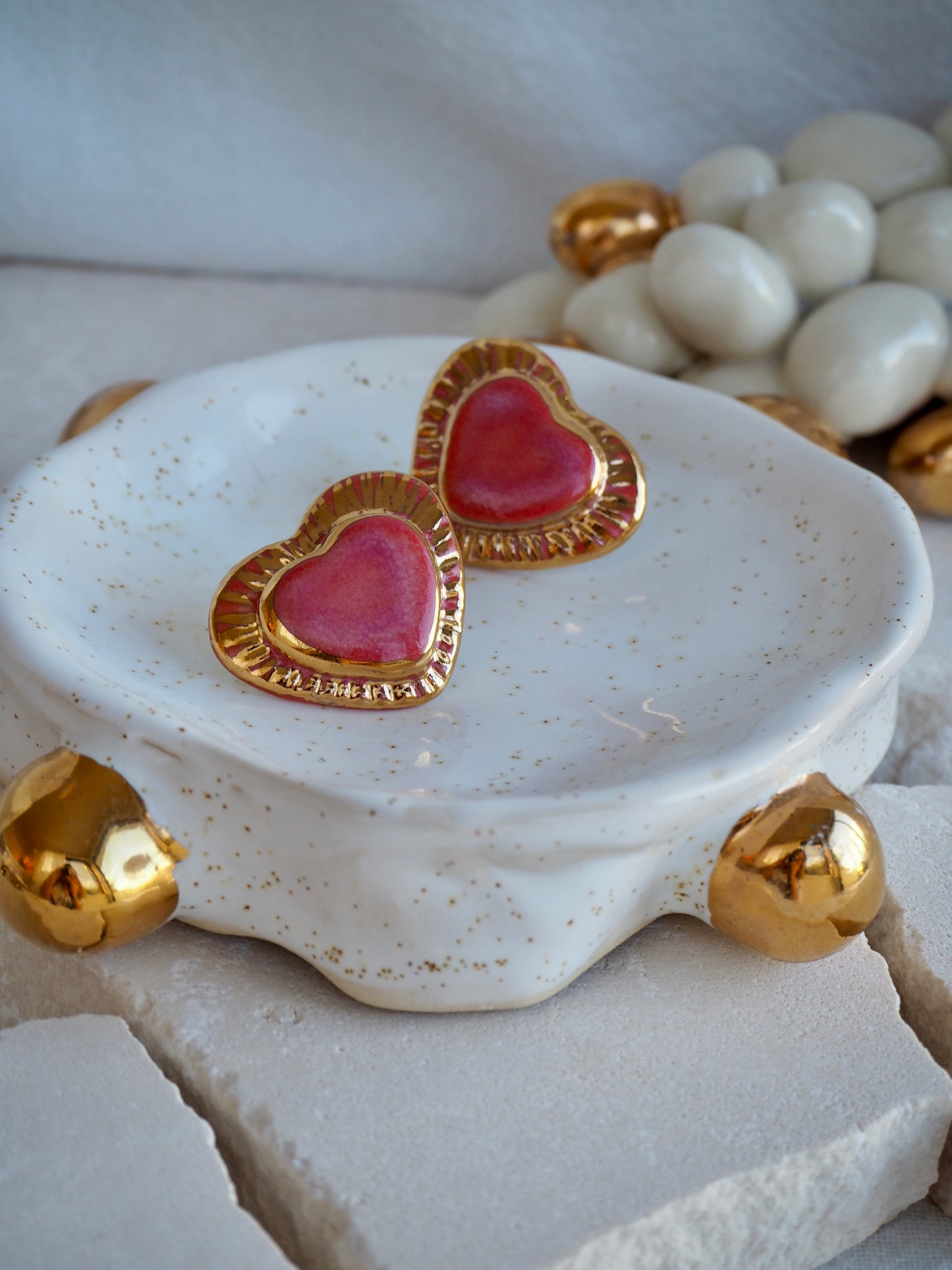 Large Handmade Porcelain Heart Stud Earrings coloured with “Speckled Pink” glossy glaze & 24k Gold lustre details