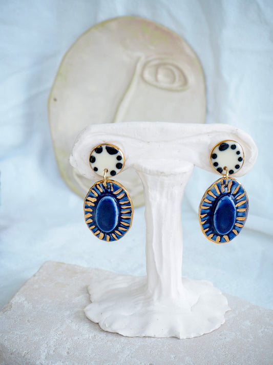 “Golden Rays” Blue & Black and white Porcelain Earrings in “Royal Blue” and “Nero” ceramic stain under clear glaze for glossy look